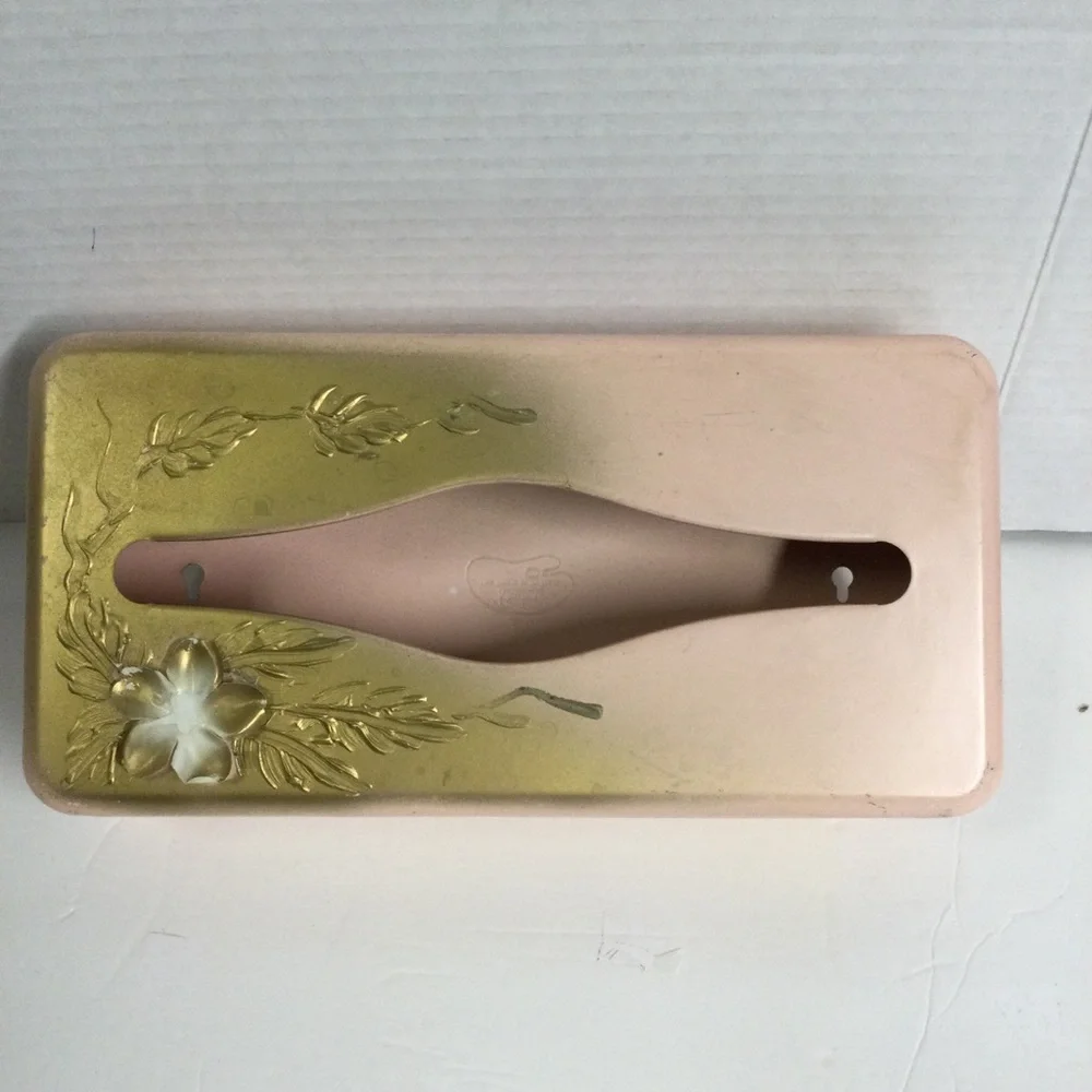 Vintage Ransburg Pink Gold Floral Metal Tissue Box Holder Mountable